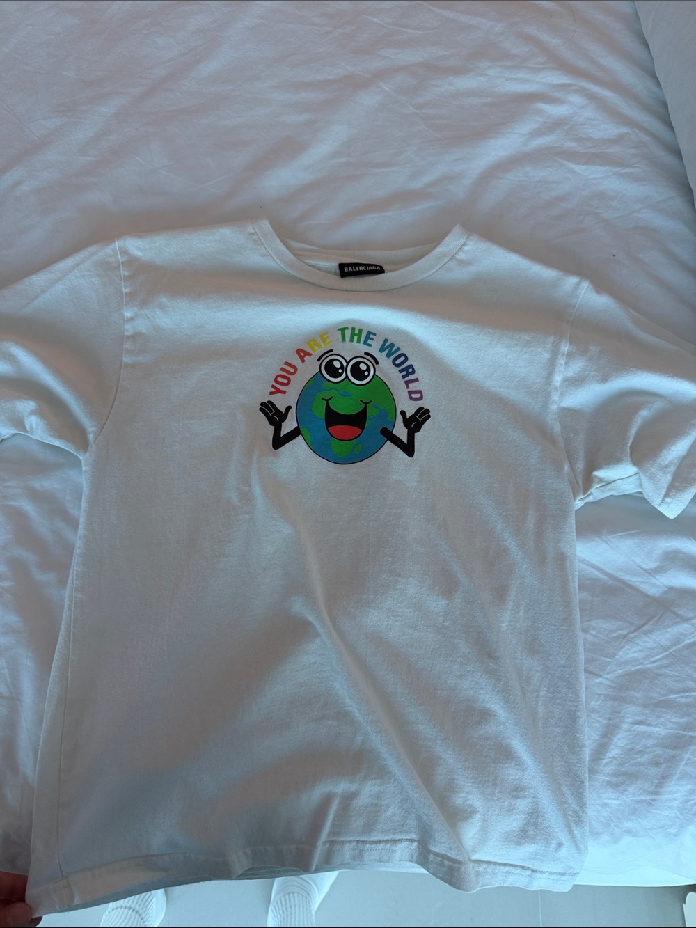 Balenciaga White Kids Short Sleeve Tee with Colorful World Graphic
